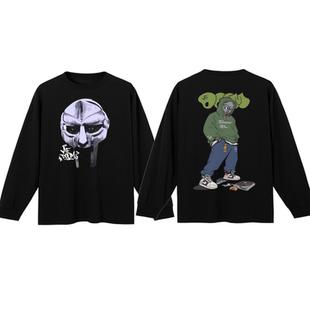 数码直喷HipHop说唱MF DOOM铁面孔乐队印花长袖T恤嘻哈短袖宽松