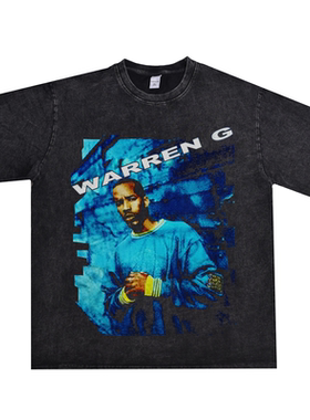 西岸说唱匪帮放克嘻哈Warren G饶舌歌手印花水洗做旧T恤短袖宽松