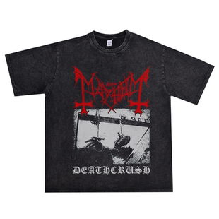 挪威黑金属摇滚Mayhem残害乐队水洗做旧t恤纯棉短袖宽松潮流男女