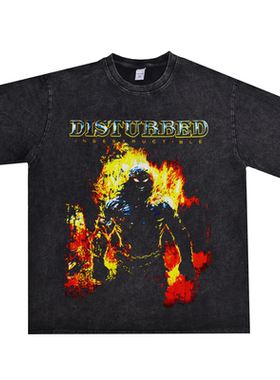直喷摇滚乐团另类金属Disturbed乐队水洗做旧T恤短袖宽松纯棉男女