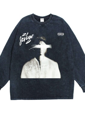 美式嘻哈说唱歌手21 Savage21·萨维奇印花长袖T恤重磅纯棉宽松
