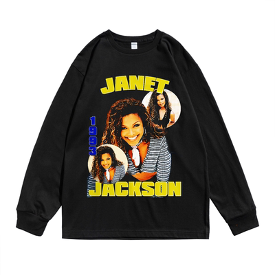 美国流行歌手珍妮·杰克逊Janet Jackson人物印花长袖T恤男女宽松