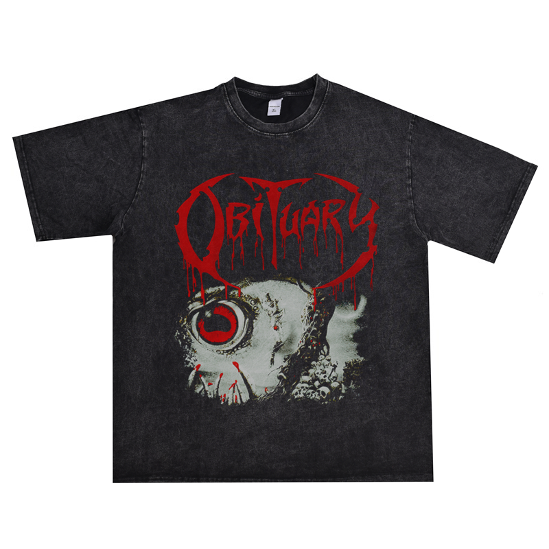欧美obituary死亡金属乐队生死簿摇滚复古做旧t恤短袖宽松潮牌款
