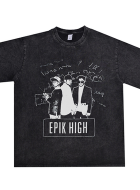 韩国Hip-Hop组合Epik High에픽하이乐队印花T恤短袖宽松水洗做旧