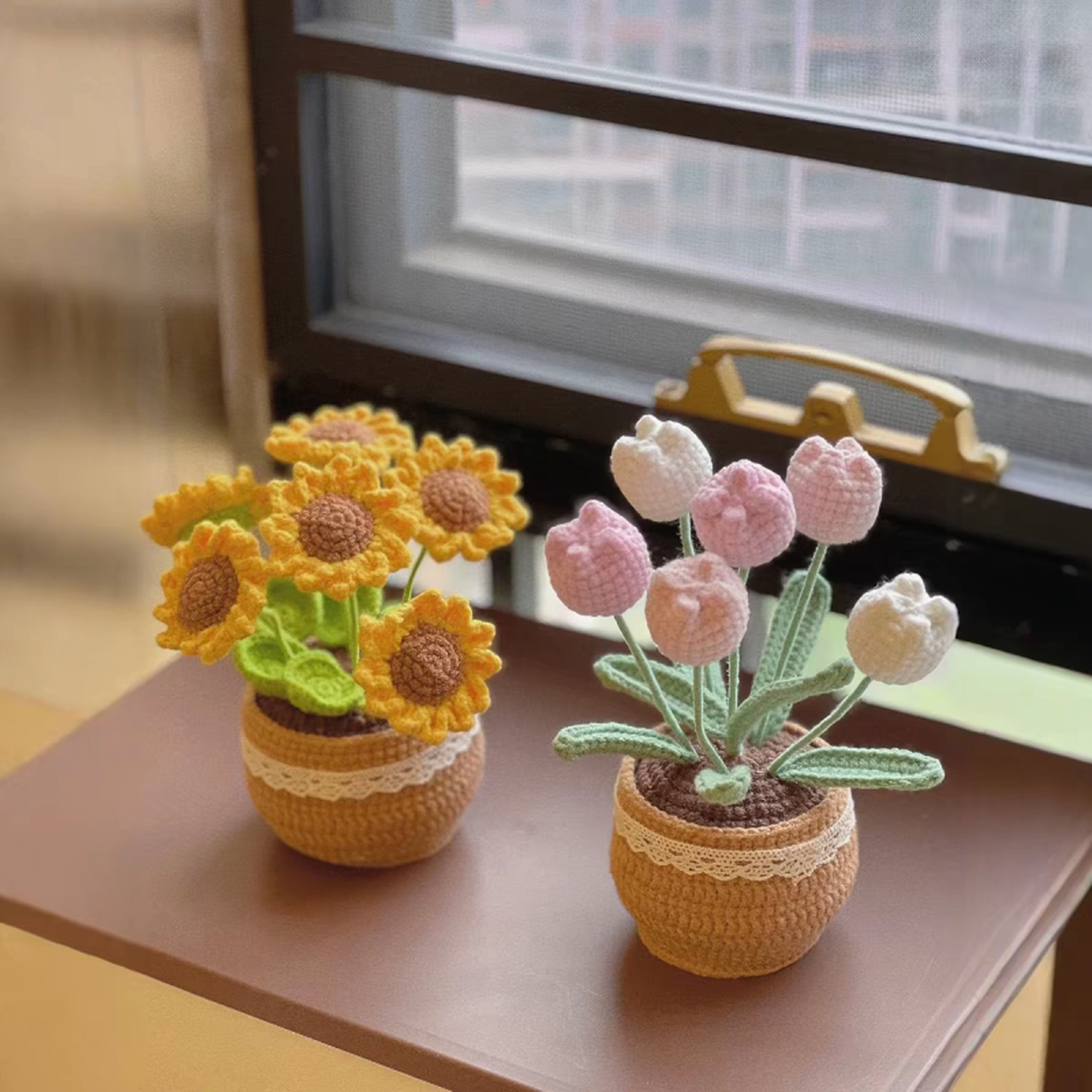 手工编织花束盆栽成品材料包向日葵郁金香毛线玫瑰花创意礼物摆件