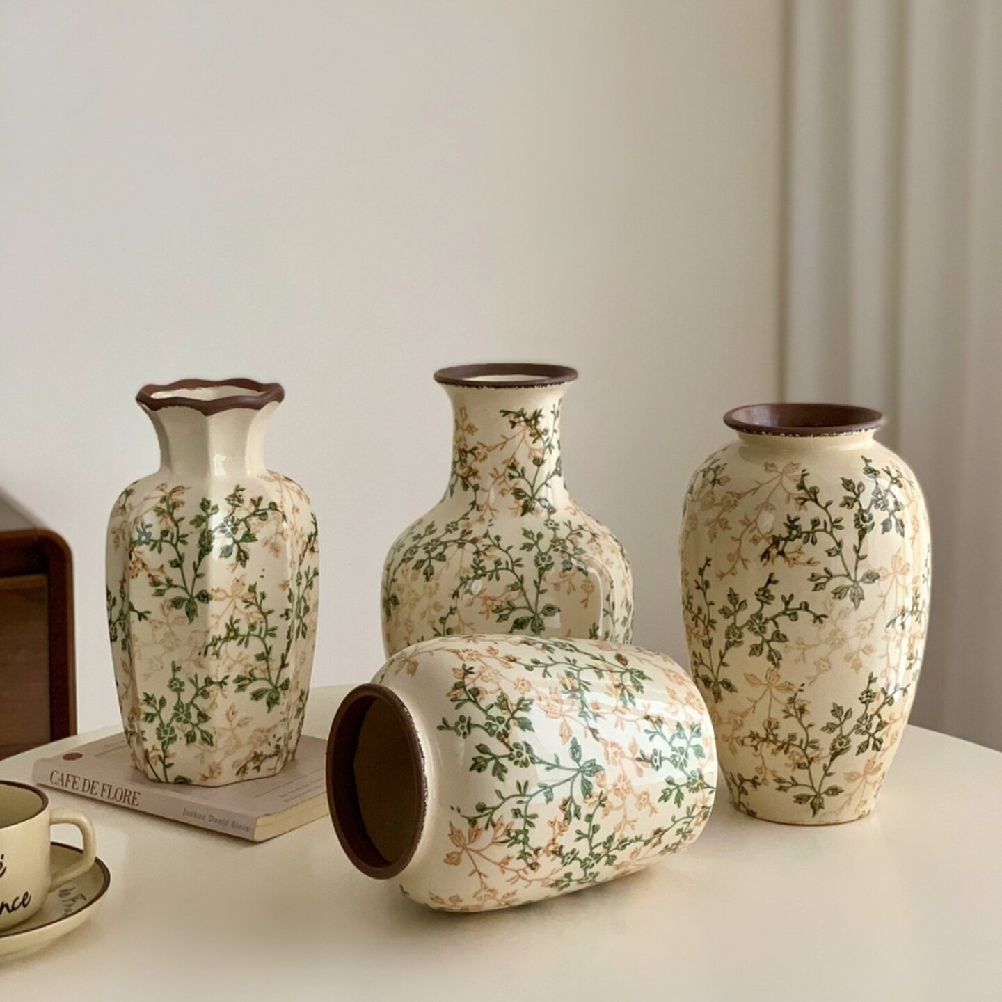 法式复古碎花陶瓷花瓶鲜花插花器客厅玄关桌面中古风家居装饰摆件