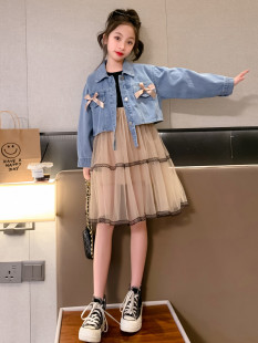 女童连衣裙套装 时尚 韩版 2023新款 中童洋气公主裙儿童牛仔纱裙两件