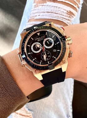 代购mulco BUZO三眼计时石英黑金配色夜光防水男士运动手表