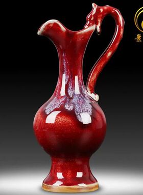 陶瓷小花瓶仿古窑变红色钧瓷中式家居装饰品客厅插花器工艺品摆件