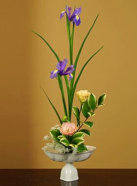 墨蓝色的花器小原流公主日式插花直立开放手工陶瓷金边果盘型花道