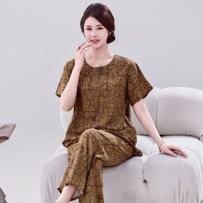 夏季中老年棉绸睡衣套装女士短袖绵绸可外穿妈妈时尚人造棉家居服