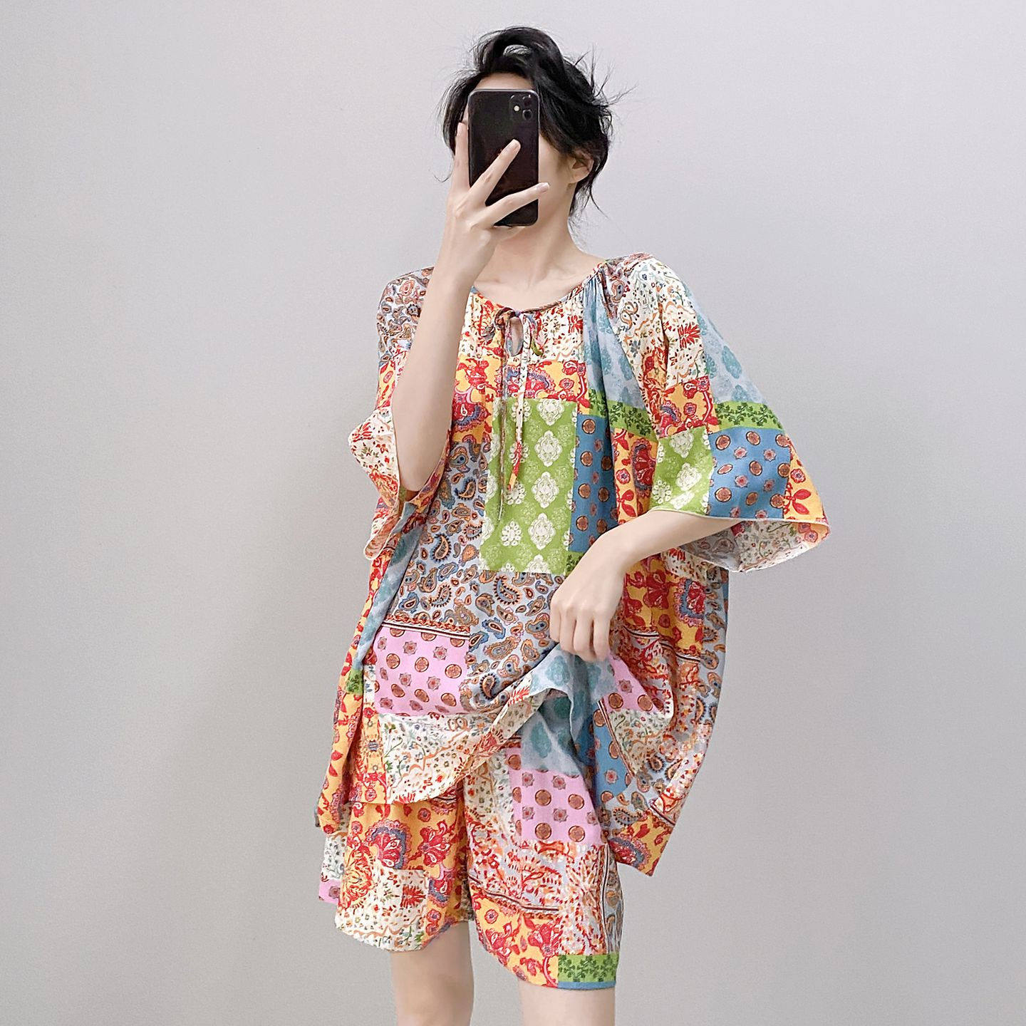 短袖短裤棉绸睡衣女夏甜美空调家居服宽松少女可外穿学生绵绸套装