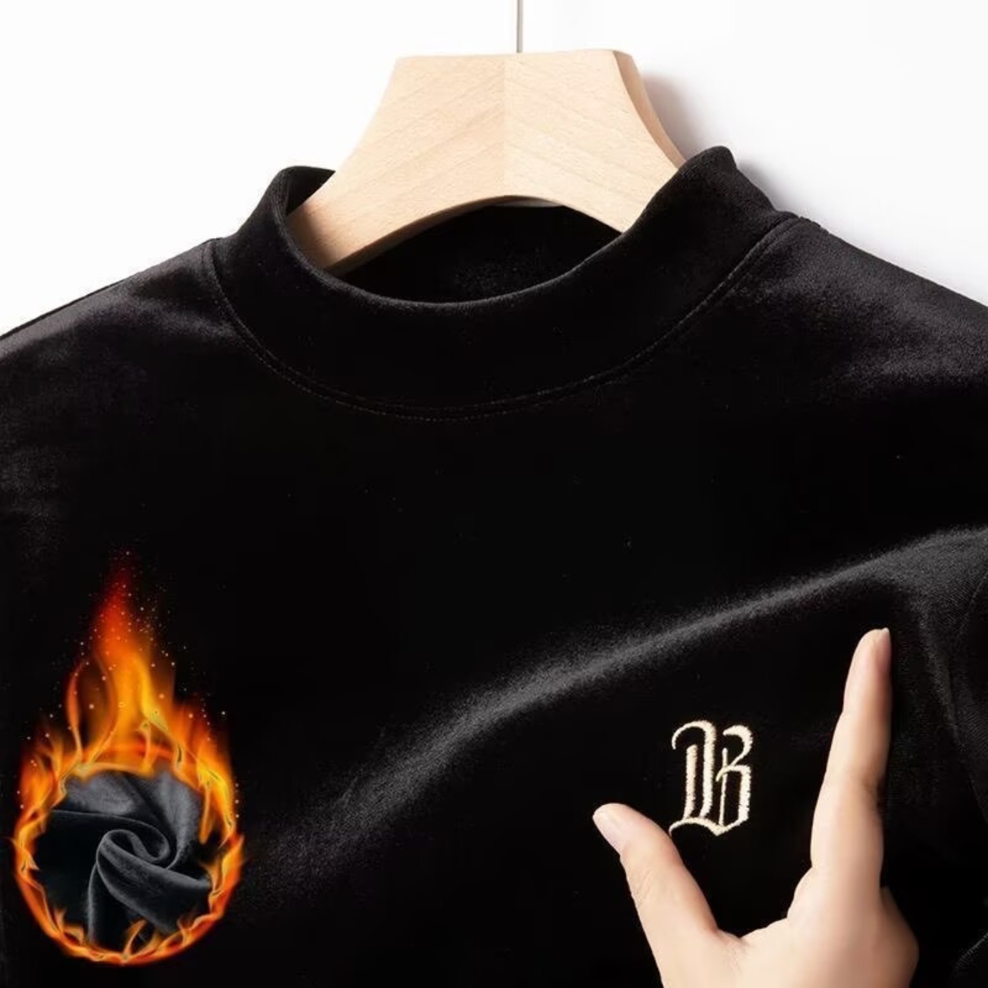 永深丰男装金丝绒绣花卫衣冬季加厚半高领打底衫修身内搭保暖上衣