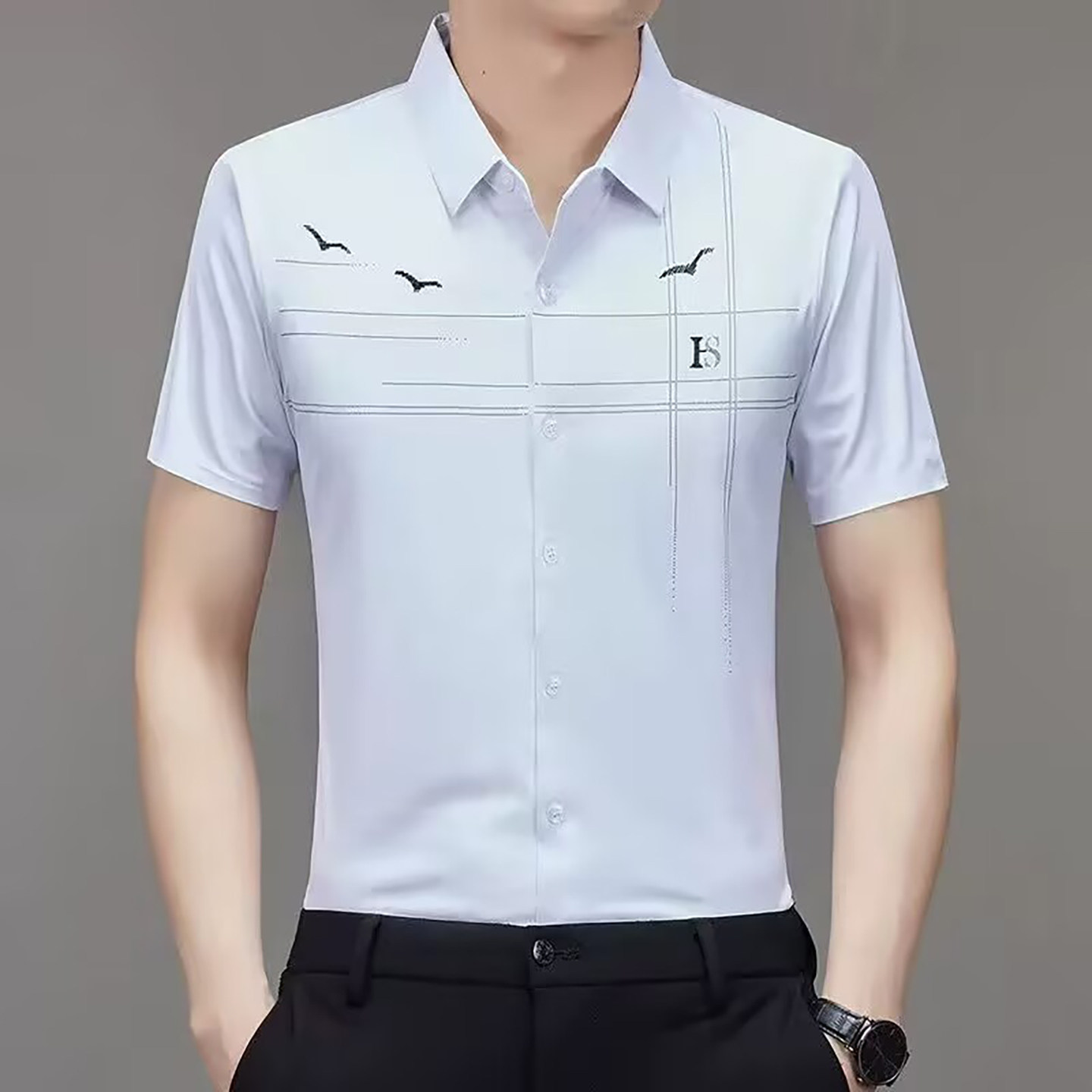 玟若男装高档轻奢无痕冰丝衬衫春夏男士商务休闲衬衣免烫抗皱上衣