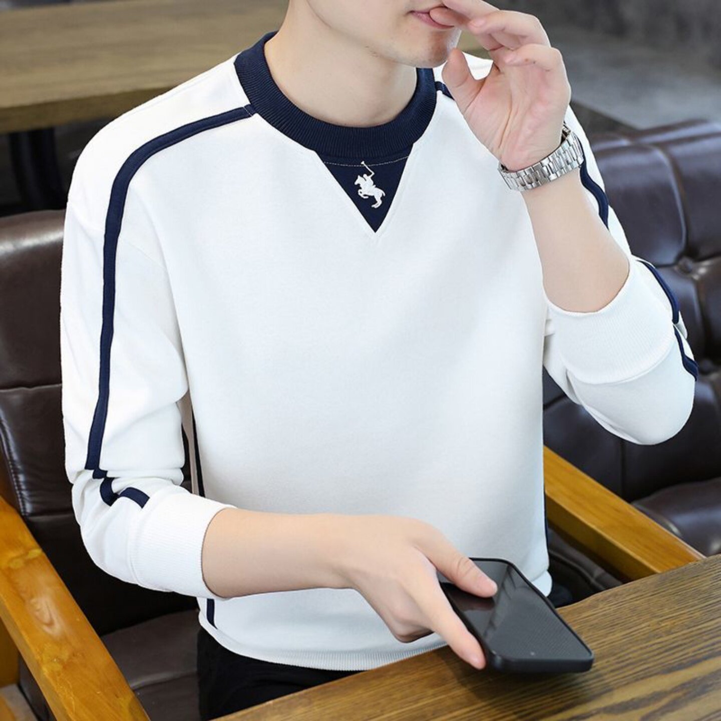 淡酉百货商行男装高端男士休闲卫衣秋冬刺绣长袖打底衫拼色上衣男