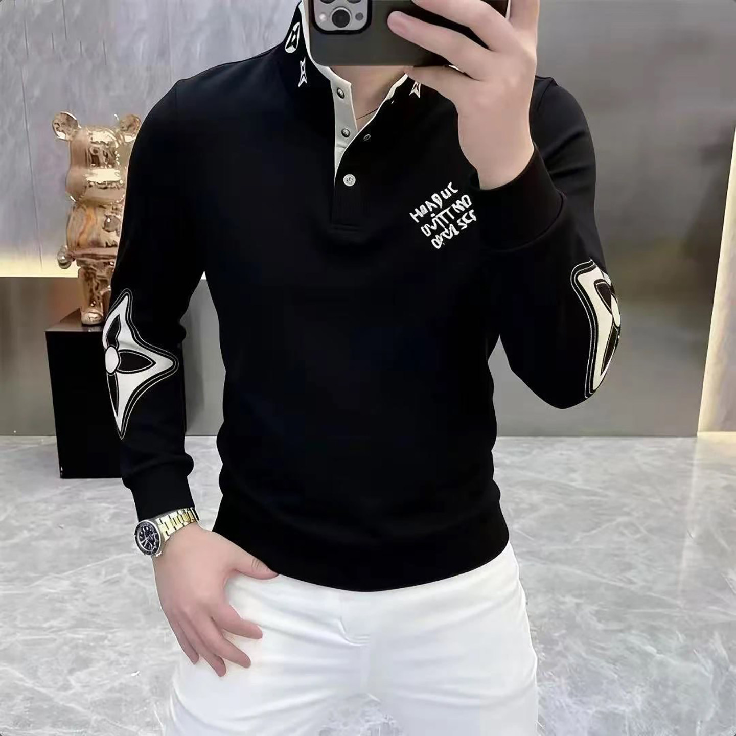 宏嫩男装欧货轻奢重工艺立领卫衣秋冬男士加绒打底衫时尚百搭上衣