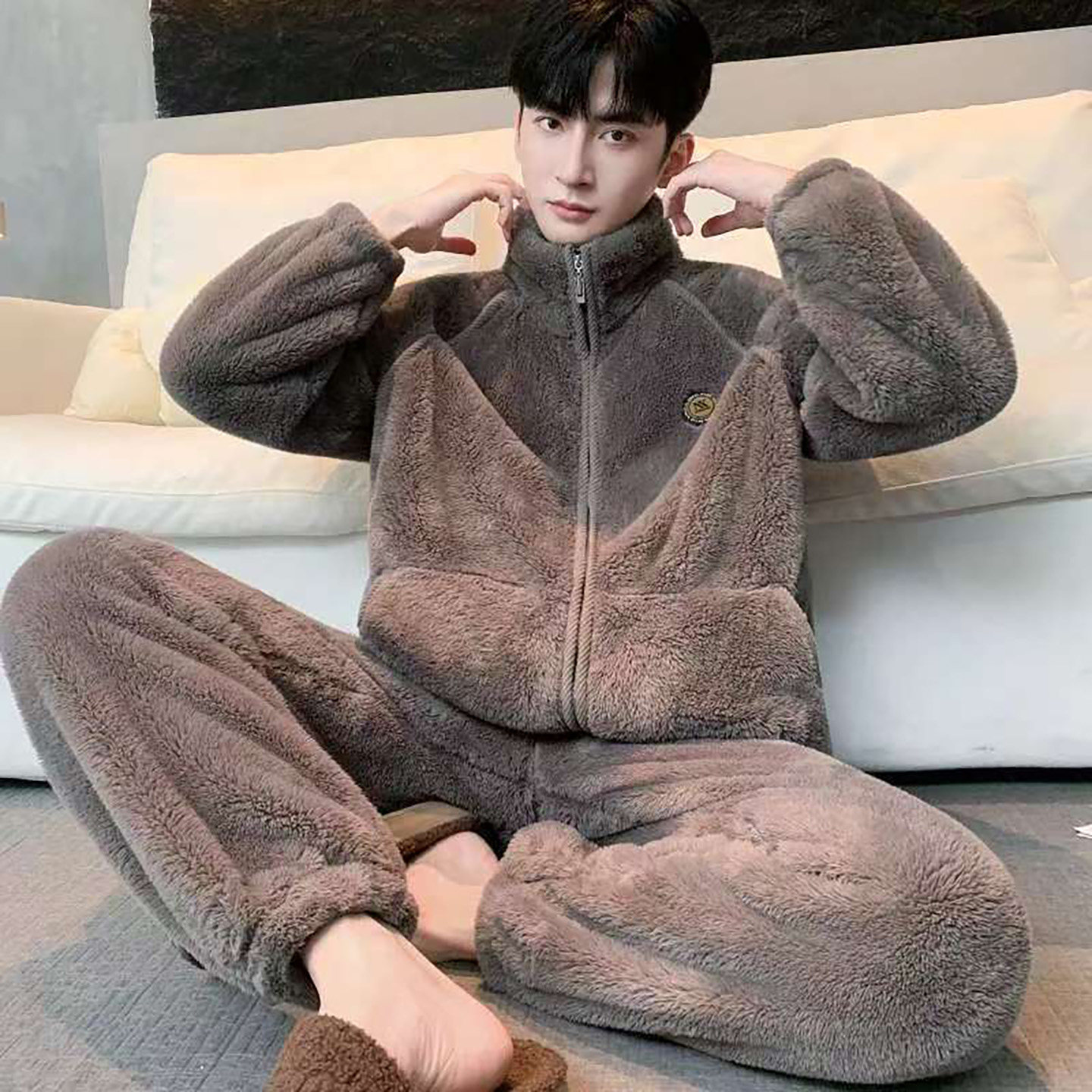 欧关男装可外穿雪花法兰绒睡衣冬季男士款大码加厚保暖家居服套装