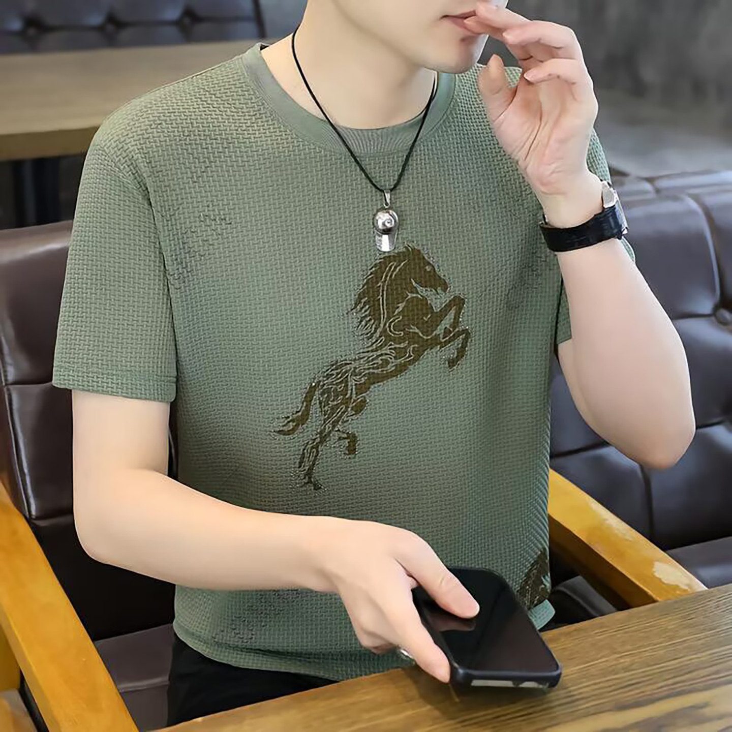 点击率优选男装马年高档冰丝短袖T恤夏季男士潮流休闲圆领体恤衫