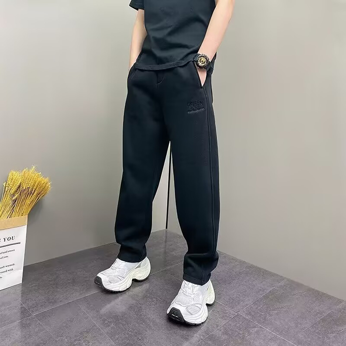 欧关男裤潮流字母印花休闲裤秋冬男士款束脚工装裤加绒宽松卫裤子