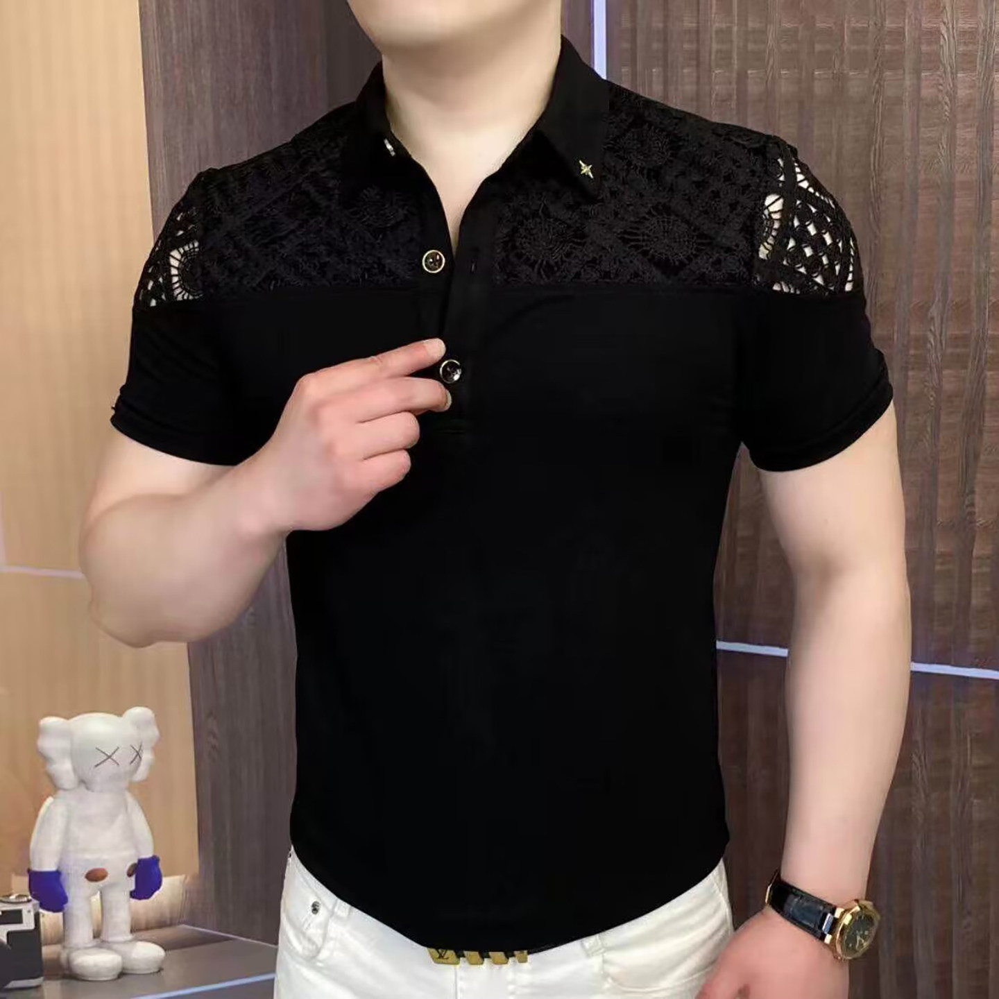 宏嫩男装轻奢时尚商务提花POLO衫夏季男士款镂空潮流修身半袖上衣