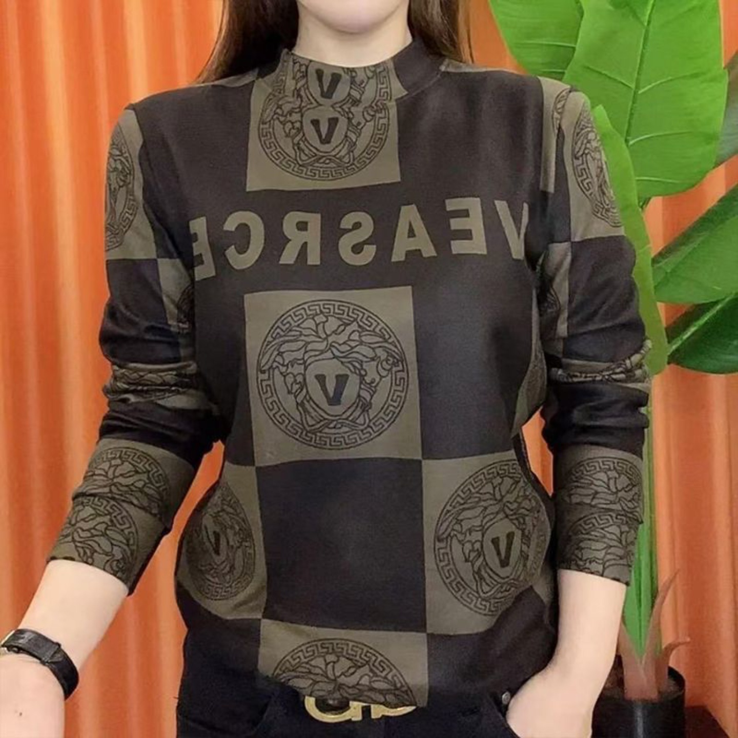 叙烽岚男装黑驼色卫衣秋冬男士方格字母长袖T恤时尚提花套头上衣