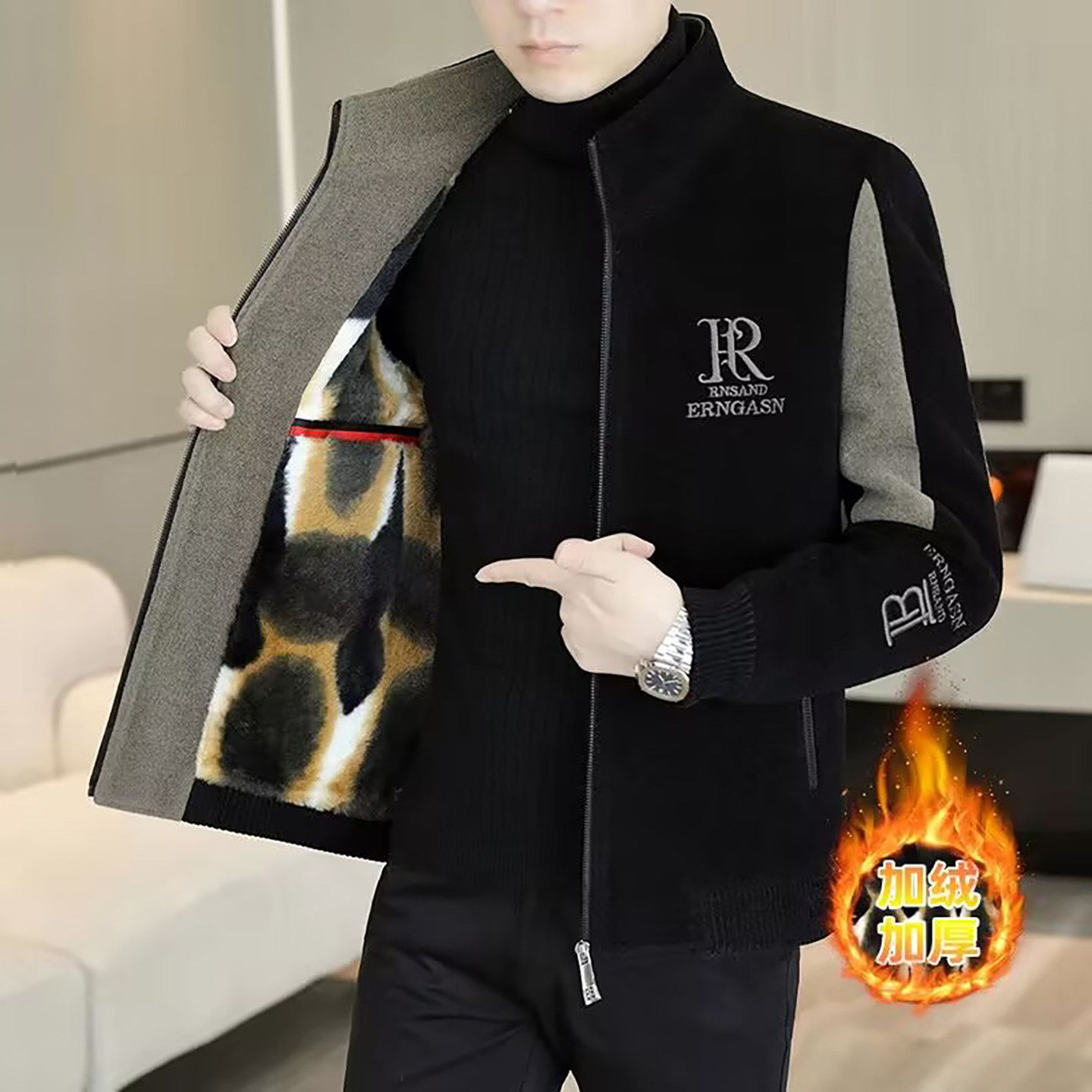 宏嫩ERNGASN男装高档加绒毛呢立领夹克冬季男士休闲保暖刺绣外套