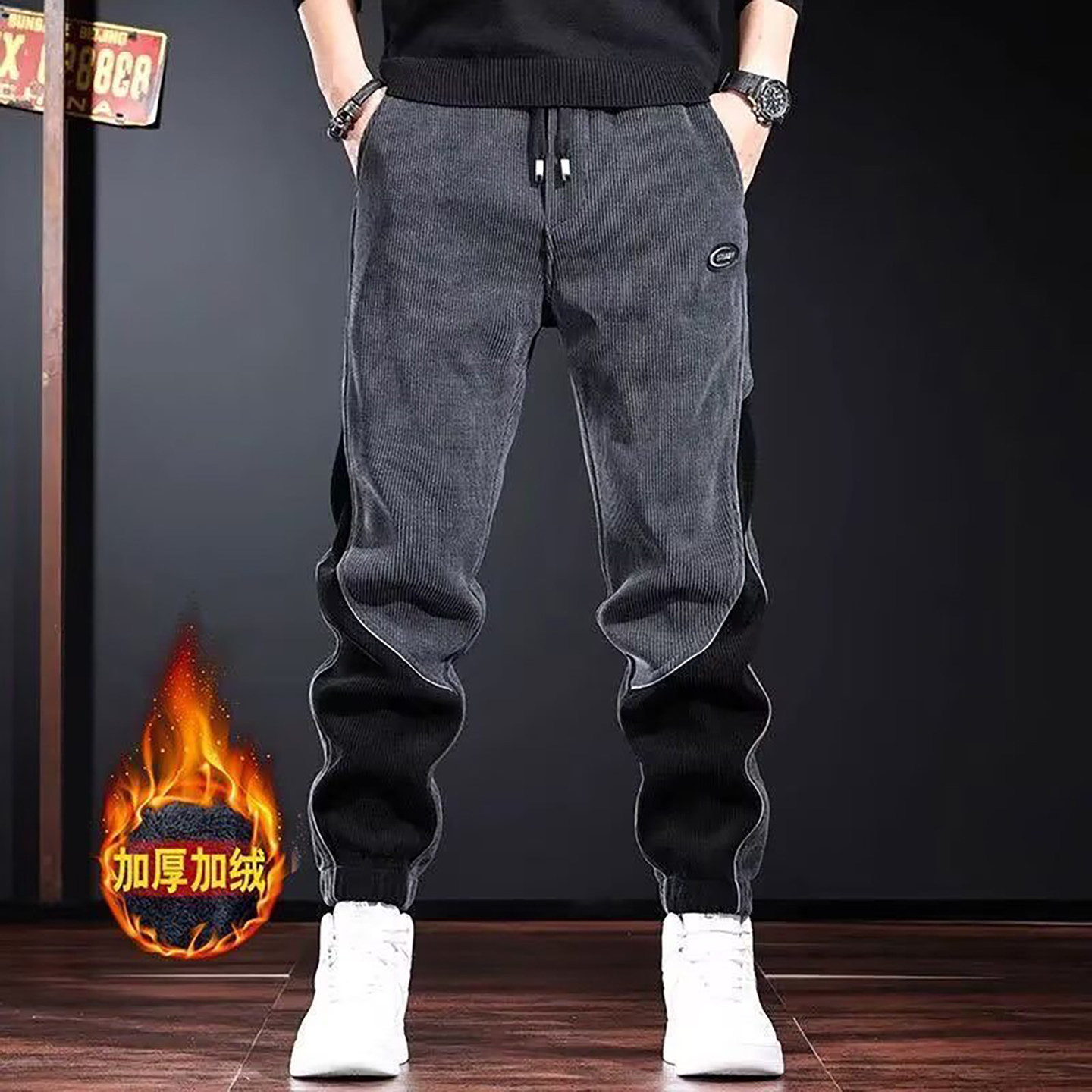 玛微男裤加厚灯芯绒哈伦束脚裤秋冬男士时尚休闲裤潮流百搭长裤子