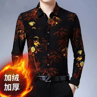 雪溪男装高档印花加绒衬衫秋冬男士亲肤加厚商务衬衣免烫抗皱上衣