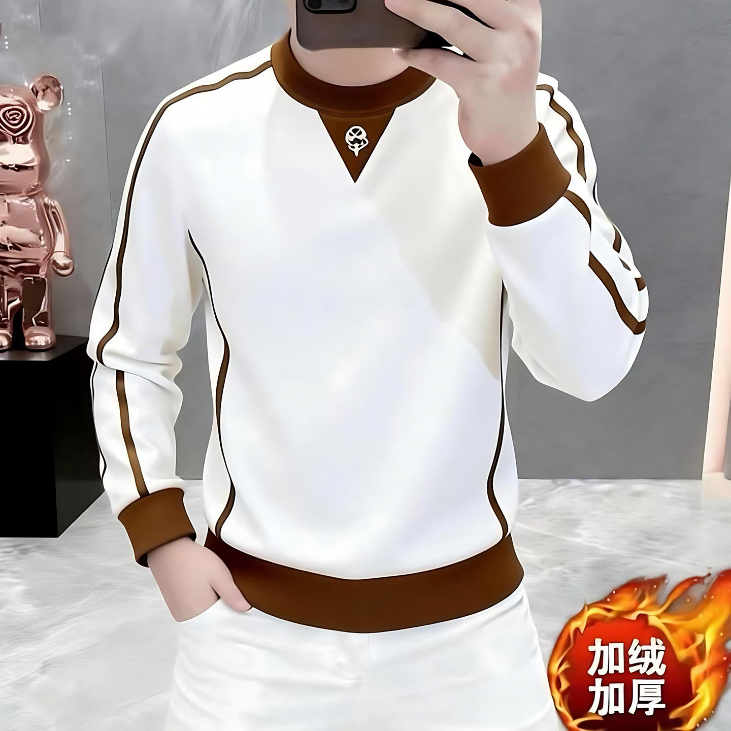 宏嫩男装欧货高奢时尚卫衣秋冬男士款圆领加绒打底衫长袖百搭上衣