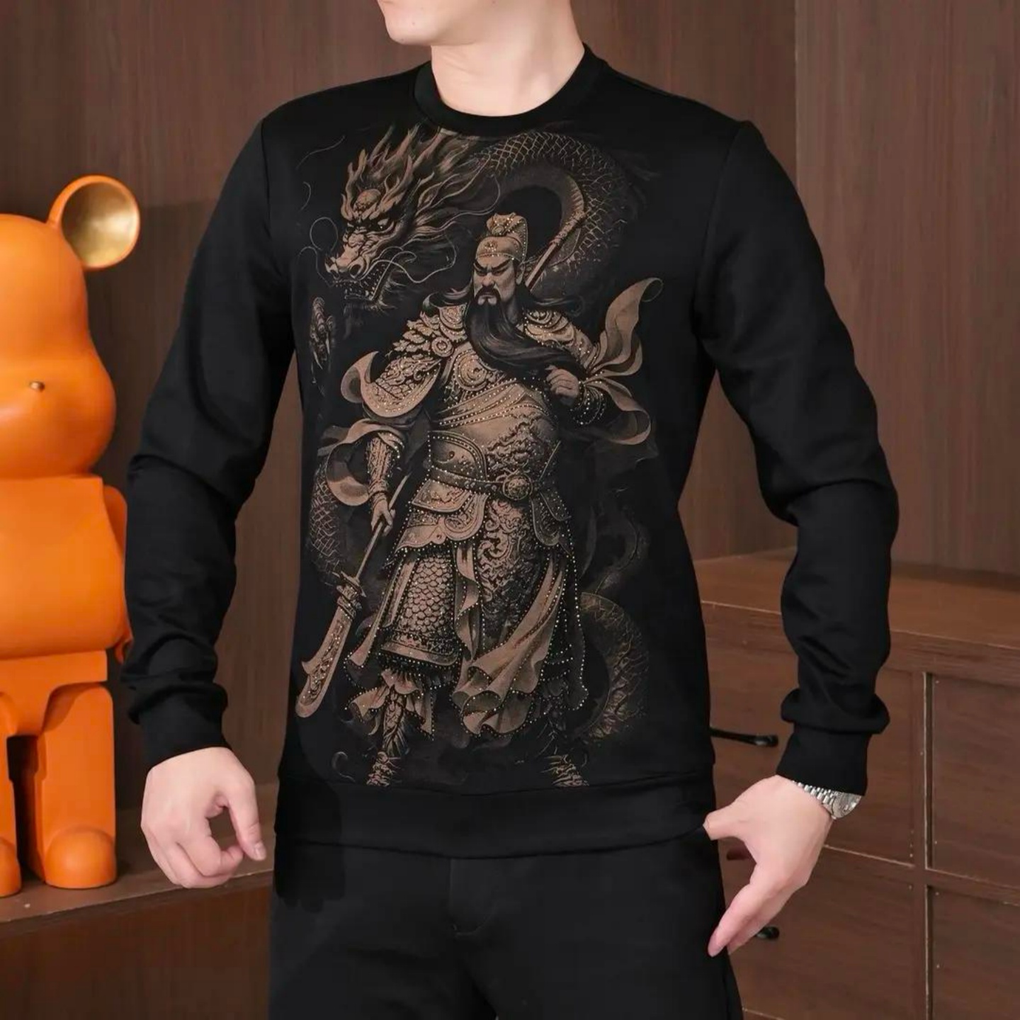 链品男装中国风霸气关羽图卫衣秋冬加绒加厚长袖2025新款男士上衣