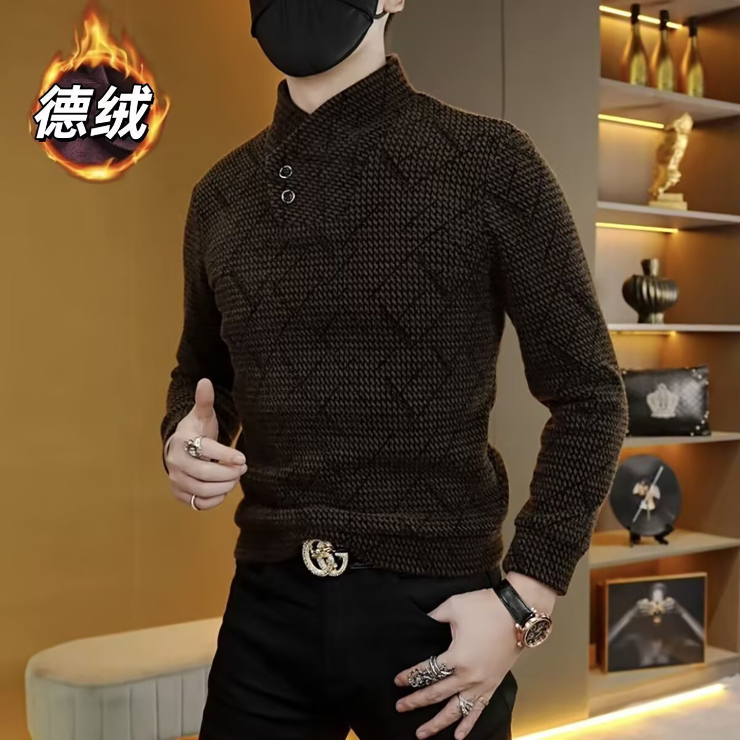 宏嫩品质甄选男装轻奢一体绒卫衣秋冬男士针织打底衫百搭保暖上衣