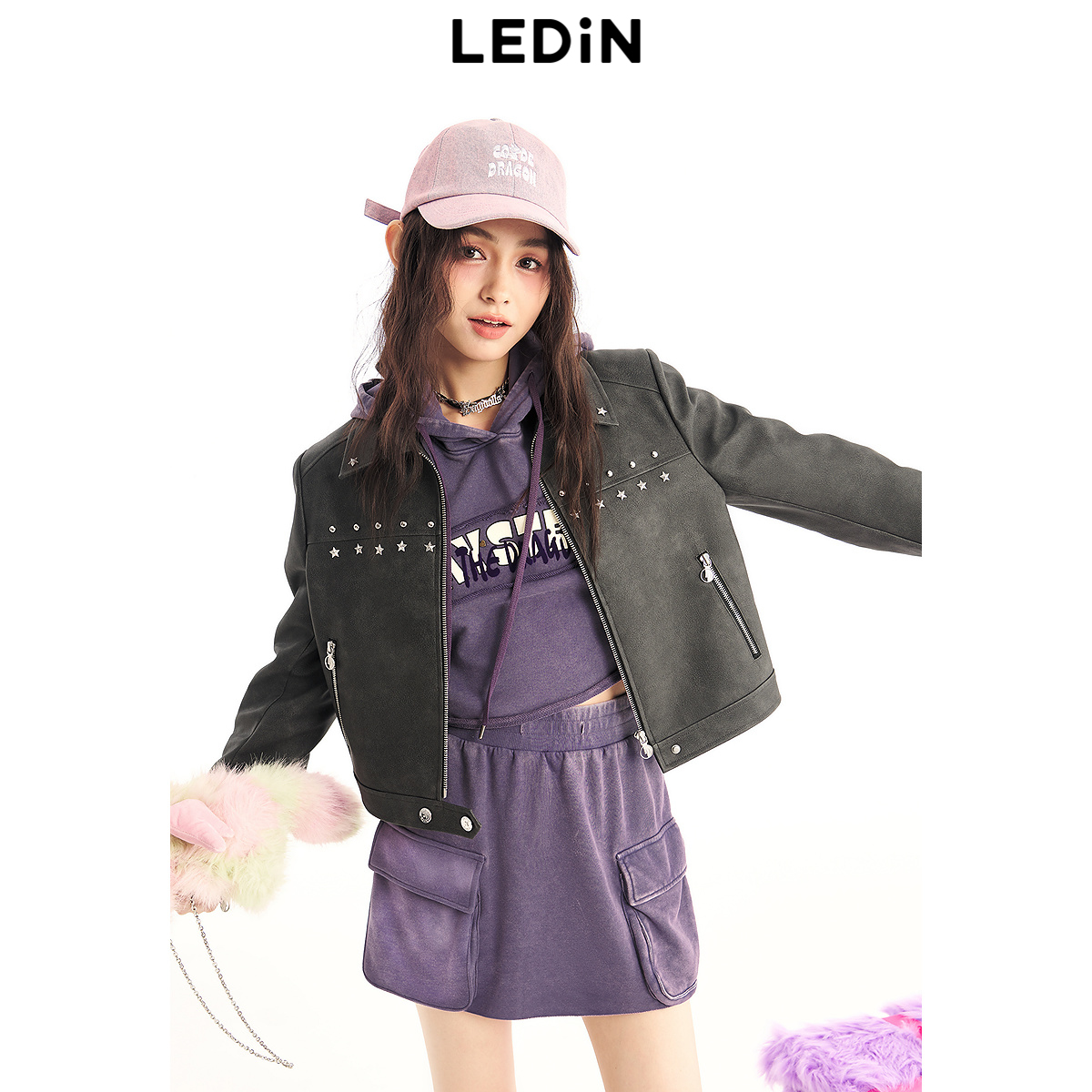 乐町水洗机车夹克春季新款甜酷外套女C2BBE1203