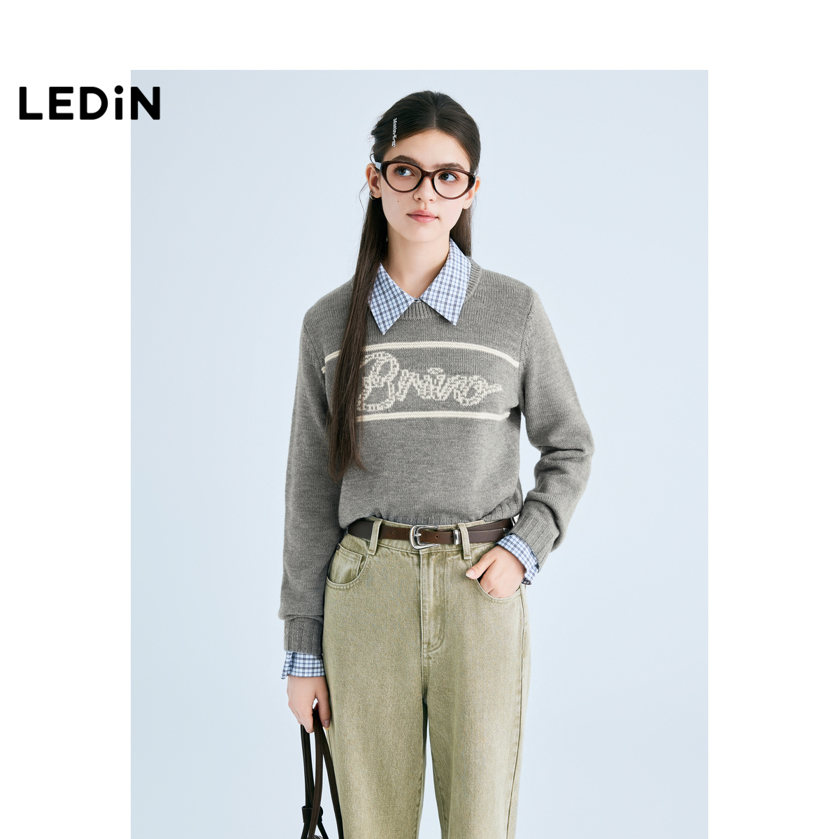 【商场同款】乐町字母提花圆领套衫25春季新款针织毛衣C2EEF1124