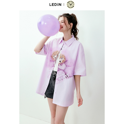 【Honey Kuma联名】乐町夏季新款小熊图案挺括不易皱长款衬衫