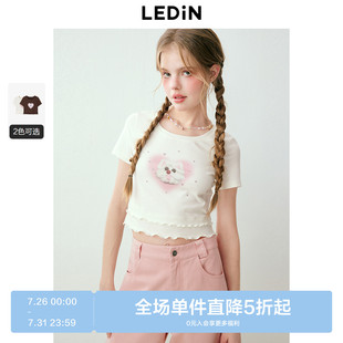 针织内搭短袖 乐町甜美少女奶油小狗俏皮印花T恤早春新款 上衣