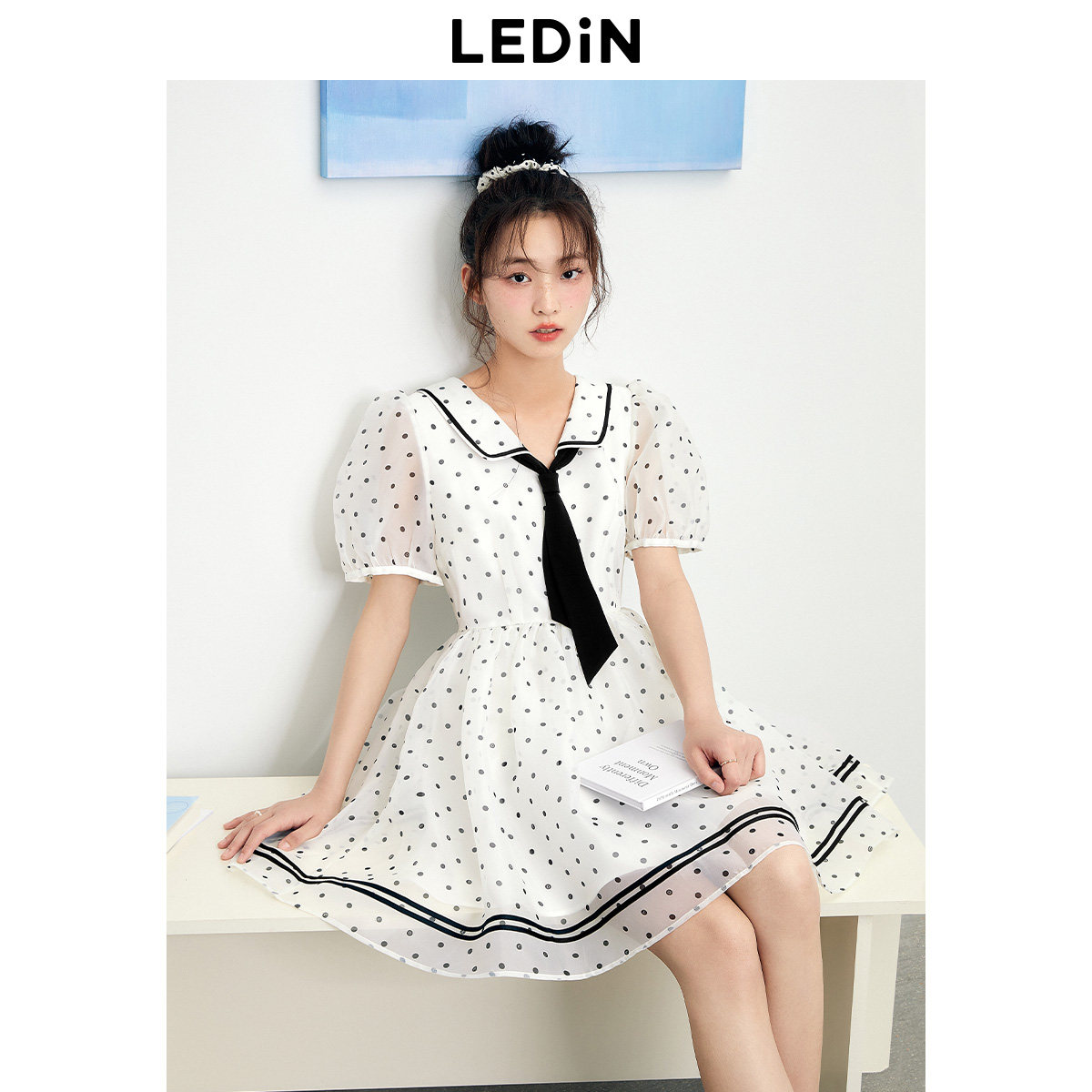 【清仓】乐町海军风波点网纱公主裙夏季泡泡袖小翻领收腰连衣裙,女装/女士精品,连衣裙,淘宝优惠券,粉丝福利购,淘宝优惠卷