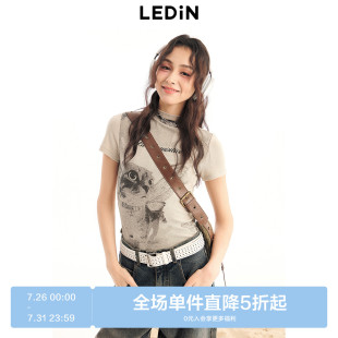 乐町小立领猫咪短袖 上衣C2CNE1428 T恤女春季 新款