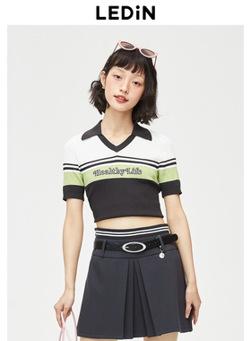 【清仓】乐町翻领字母绣V领POLO衫女23夏季短袖T恤C3EED2301