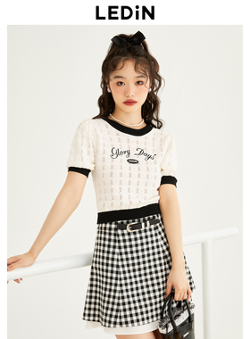 【清仓】乐町泡泡袖撞色短袖女夏季新款针织T恤C1EED3V02