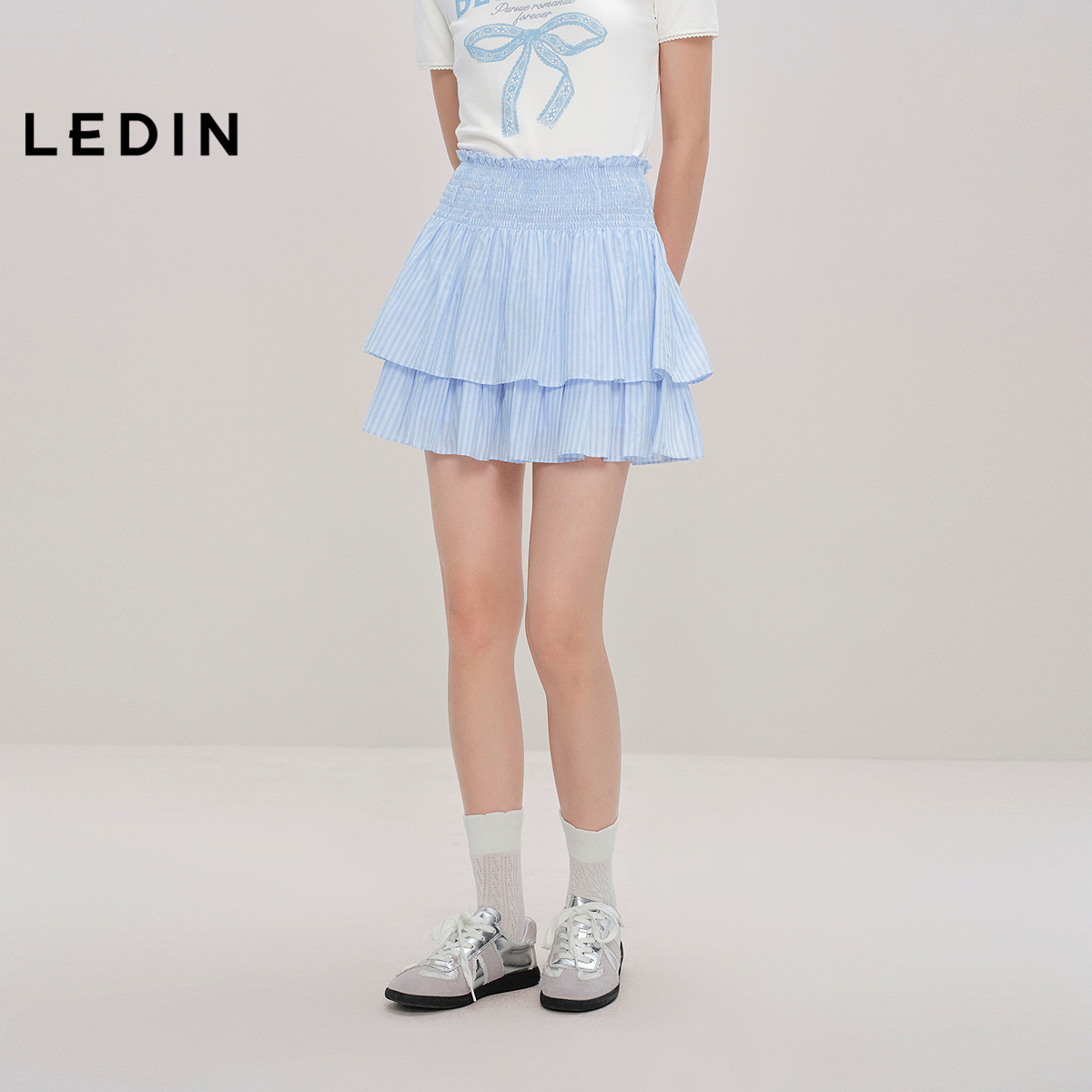 【商场同款】乐町蓝色宽腰封半身裙新款百褶双层蛋糕裙C1GEF3204