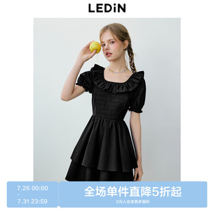 新款 乐町甜美荷叶边领连衣裙夏季 俏皮少女显瘦收腰双层蛋糕裙