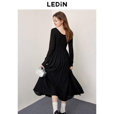 乐町甜美U领长袖连衣裙秋季新款芭蕾风拼接小黑裙腰侧绑带长裙