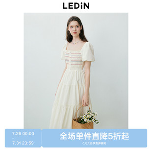 新款 乐町温柔小奶包连衣裙夏季 民族风长裙撞色打揽方领连衣裙