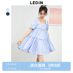 女装 乐町甜美方领娃娃裙夏季 断码 丝滑清凉大裙摆仿牛仔裙 清仓