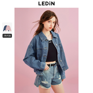 乐町美式 宽松落肩设计上衣 复古休闲通勤基础牛仔外套秋季 新款