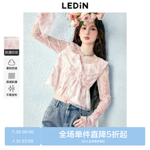 乐町甜美浪漫肌理感清透印花木耳边衬衫 V领显瘦衬衣 夏季 新款