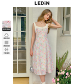 乐町拼接褶皱宽肩带背心裙春季 收腰连衣裙少女粉色碎花裙 新款