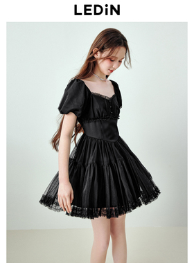 乐町网纱拼接连衣裙夏季新款温柔法式小礼服裙黑色约会蓬蓬裙
