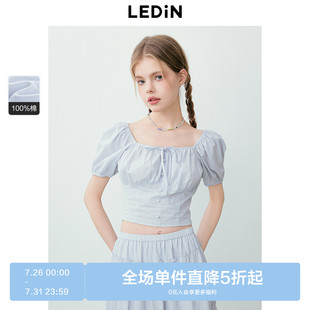 新款 乐町韩系少女打缆修身 夏季 全棉泡泡袖 方领减龄上衣 雪纺衫