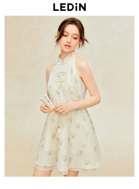 乐町声声乌龙新中式盘扣挂脖裙夏季新款碎花短裙国风无袖连衣裙